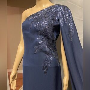 CREPE ONE-SHOULDER GOWN WITH DRAPED-SLEEVE & SEQUIN DETAIL IN LAPIS BLUE